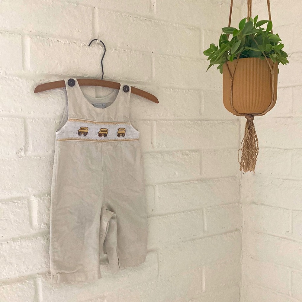 Vintage Toddler Boy School Bus Cream Overalls